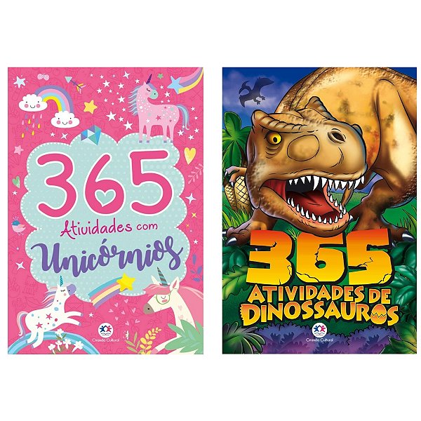 Kit 2 Livros: 365 Atividades Com Unicornios Para Colorir + 365 Atividades De Colorir Dinossauros