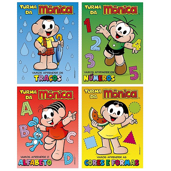 Kit 4 Livros da Turma da Monica - Vamos aprender Cores, formas, numeros, alfabeto e tracos