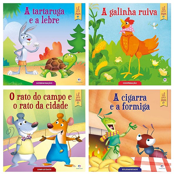 Kit 4 Livrôes Lê pra mim -A cigarra e a formiga, Galinha Ruiva, Tartauga e a Lbre e O Rato do Campo