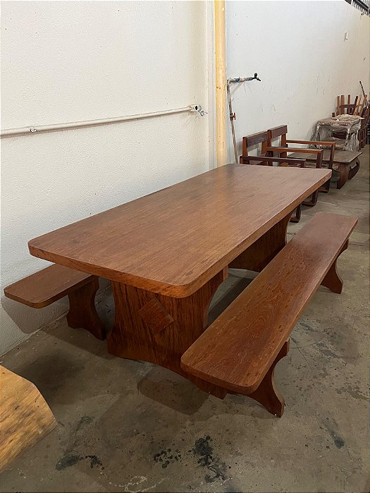 Mesa de Jantar em Angelim Pedra Pranchão Inteiriço Sem Emenda 2,00m x 83cm com 2 Bancos