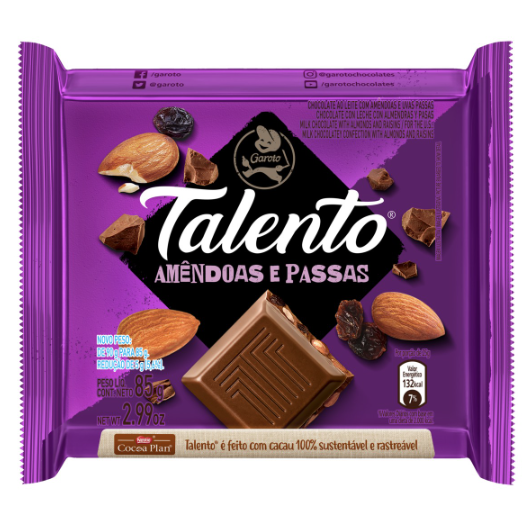 Chocolate Talento Amêndoas e Passas - Embalagem com 85G