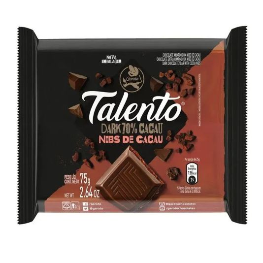 Chocolate Talento Tablete Dark Nibs Cacau - 75G