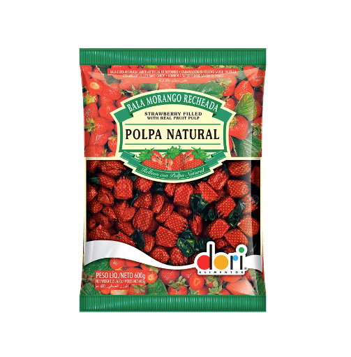 Bala Dura Dori Polpa Natural Sabor Morango Recheada - Embalagem com 600G