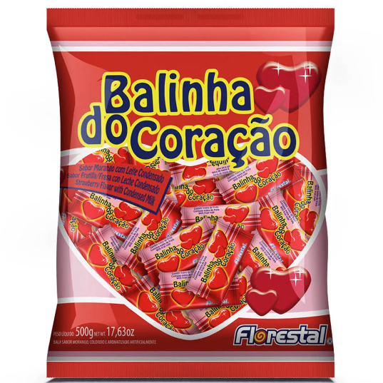 Bala Dura Florestal Coração Sabor Morango - Embalagem com 500G