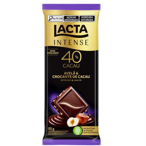 Chocolate Lacta Intense 40% Cacau Avelã e Crocante de Cacau - Embalagem com 85G