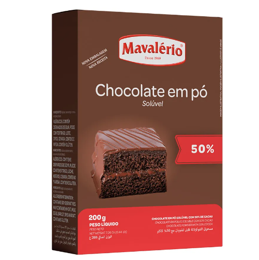 Chocolate em Pó Mavalério Solúvel 50% Cacau - Embalagem com 200G