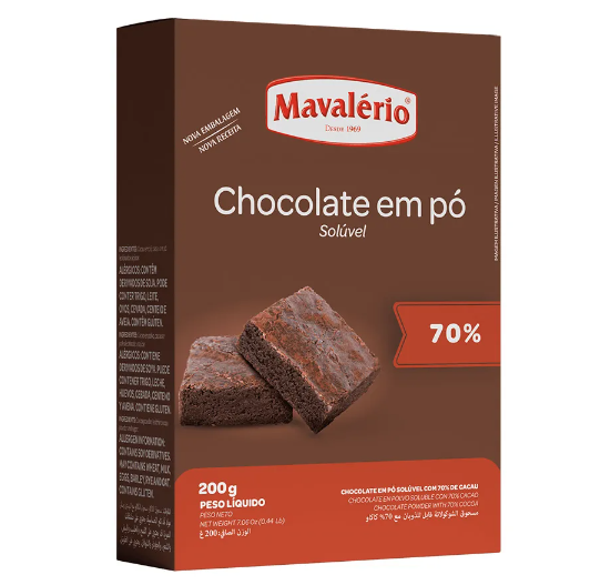 Chocolate em Pó Mavalério Solúvel 70% Cacau - Embalagem com 200G