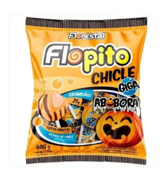Pirulito Flopito com Chiclete Gigante Abóbora Halloween - Pacote com 600G