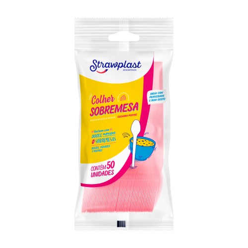 Colher Sobremesa Strawplast Cor Rosa - Pacote com 50 UN