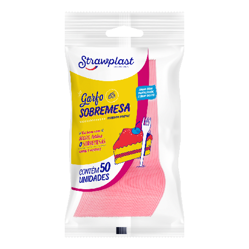 Garfo Sobremesa Strawplast Cor Rosa - Embalagem com 50 UN