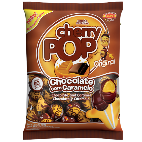 Pirulito Cherry Pop Chocolate com Caramelo - Pacote com 700G