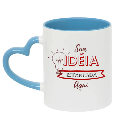 Caneca Alça Coração e Interior Azul Bebê de Cerâmica Personalizada 325ML