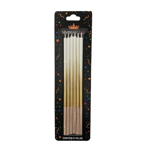 Vela Palito Grande Dégradé Pérola Com Dourado 15CM - Pacote com 6 UN