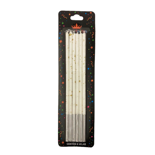 Vela Palito Gigante Branco Com Dourado 17CM - Pacote com 6UN