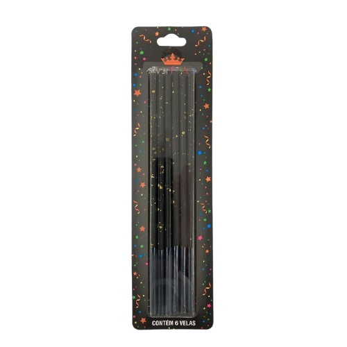 Vela Palito Gigante Preto Com Dourado 17CM - Pacote com 6UN