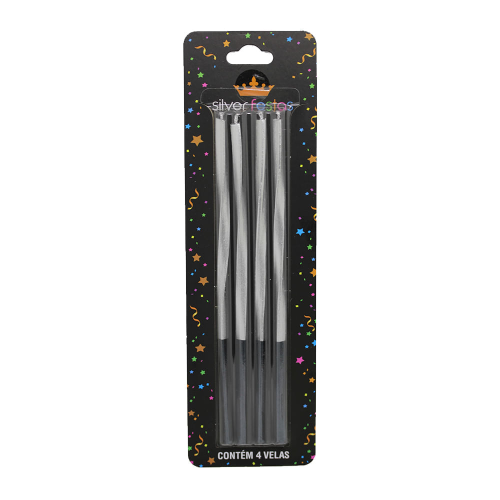 Vela Metalizada Torcida Prata 15CM - Pacote com 4UN