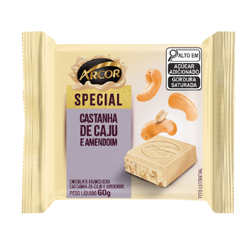 Chocolate Arcor Special Branco Castanha de Caju e Amendoim - Embalagem com 60G