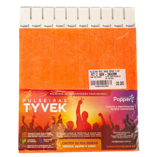 Pulseira Identificação Tyvek Laranja - Pacote com 50 UN