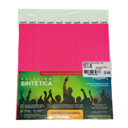 Pulseira Identificação Tyvek Pink - Pacote com 50 UN