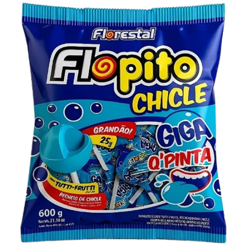 Pirulito Flopito Giga Chicle Pinta Língua Azul - Pacote com 600G