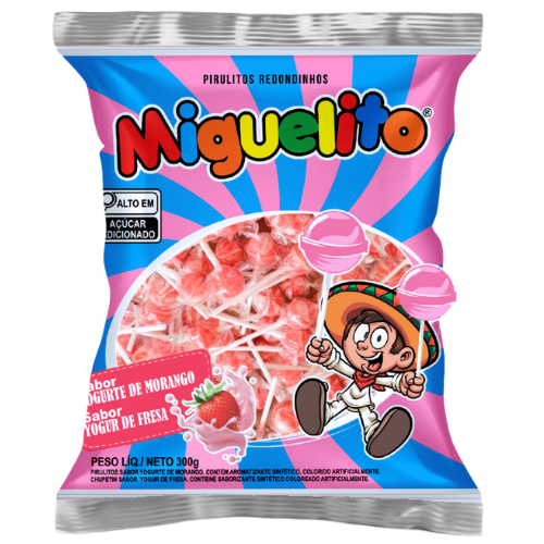 Pirulito Miguelito Sabor Yogurte de Morango - Pacote com 300G