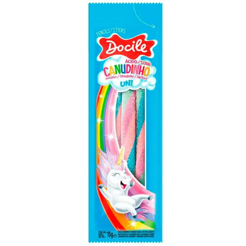 Gelatina Docile Canudinho Unicórnio Morango Azedinho - Embalagem com 15G