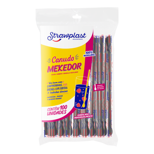 Canudo Mexedor Strawplast Cor Preto - Embalagem com 100 UN