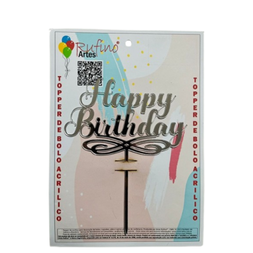 Topo de Bolo Rufíno Happy Birthday Espelhado Cor Prata - Embalagem com 1 UN