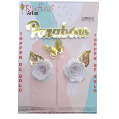 Topo de Bolo Rufíno Parabéns Floral Branco e Dourado - Embalagem com 1 UN