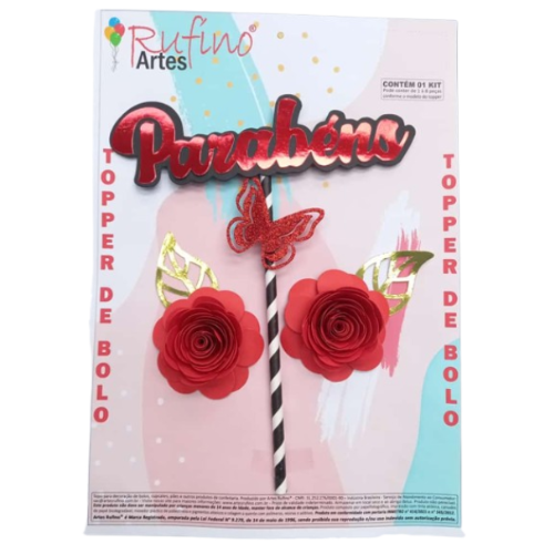 Topo de Bolo Rufíno Parabéns Floral Metalizado Vermelho - Embalagem com 1 UN