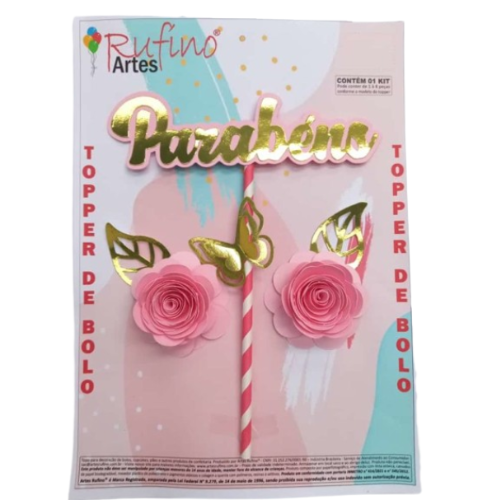 Topo de Bolo Rufíno Parabéns Floral Metalizado Rosa - Embalagem com 1 UN