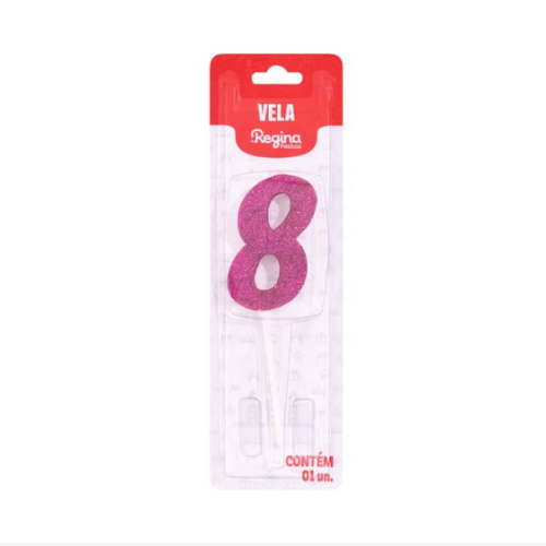 Vela Regina Pick Rosa Glitter N°8 - Embalagem com 1 UN