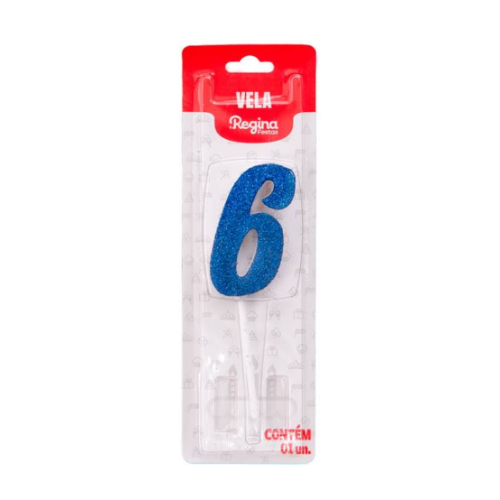 Vela Regina Pick Azul Glitter N°6 - Embalagem com 1 UN