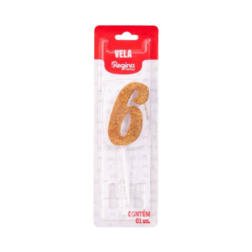 Vela Regina Pick Dourada Glitter N°6 - Embalagem com 1 UN
