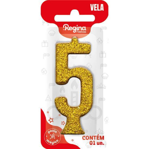 Vela Regina Parabéns Glitter Ouro N°5 - Embalagem com 1 UN