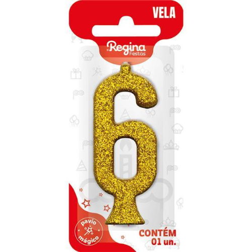 Vela Regina Parabéns Glitter Ouro N°6 - Embalagem com 1 UN