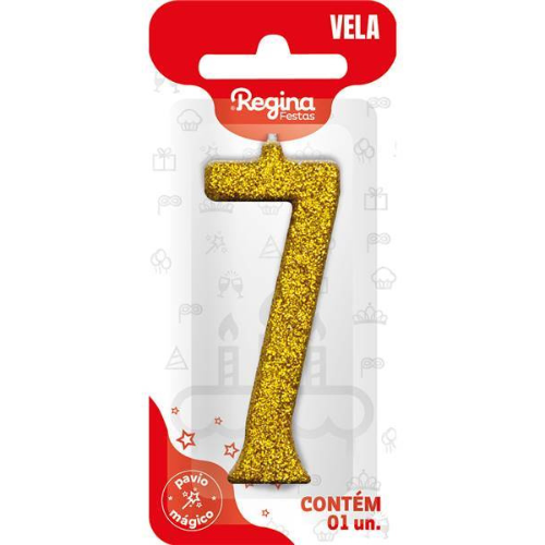 Vela Regina Parabéns Glitter Ouro N°7 - Embalagem com 1 UN
