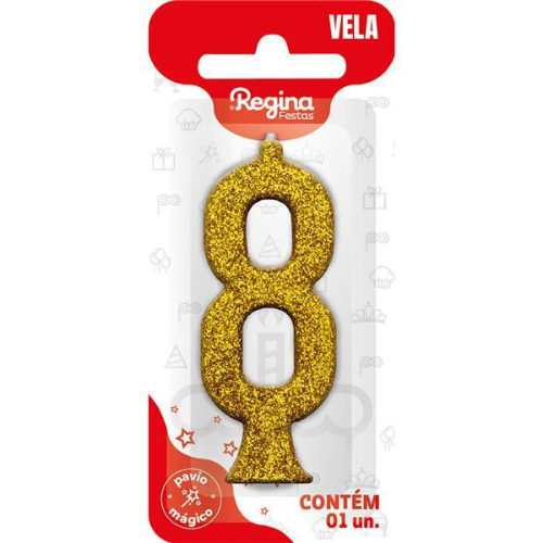 Vela Regina Parabéns Glitter Ouro N°8 - Embalagem com 1 UN