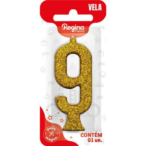 Vela Regina Parabéns Glitter Ouro N°9 - Embalagem com 1 UN