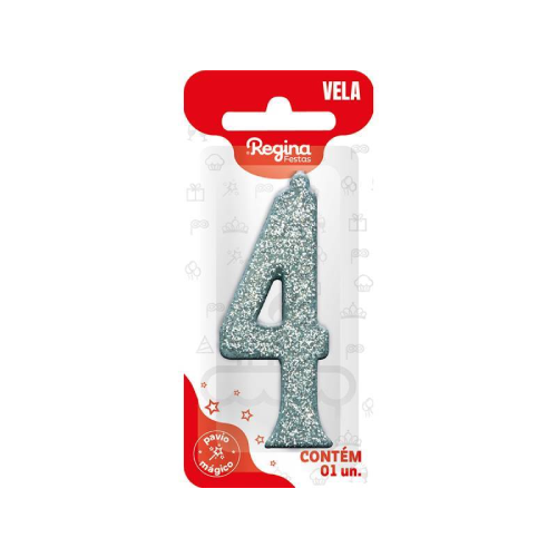 Vela Regina Parabéns Glitter Prata N°4 - Embalagem com 1 UN