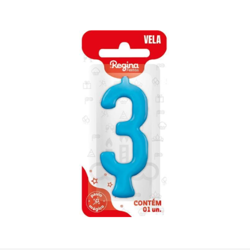 Vela Regina Parabéns Azul N°3 - Embalagem com 1 UN