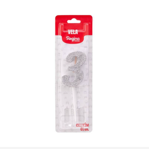 Vela Regina Pick Prata Glitter N°3 - Embalagem com 1 UN
