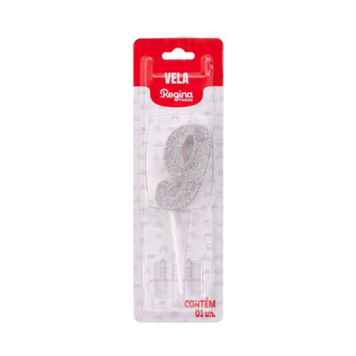 Vela Regina Pick Prata Glitter N°9 - Embalagem com 1 UN