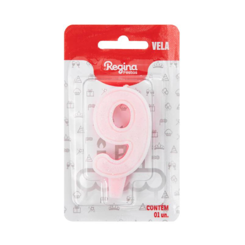 Vela Regina Glitter Rosa N°9 - Embalagem com 1 UN