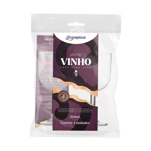 Taça de Vinho Strawplast Cristal 260ML - Embalagem com 4 UN