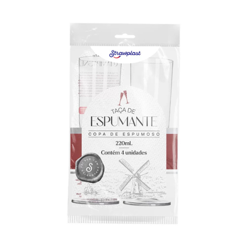 Taça de Espumante Strawplast Cristal 220ML - Embalagem com 4 UN