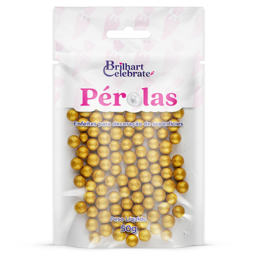 Confeito Pérolas Brilhart Celebrate Cor Dourado Cintilante - Embalagem com 50G