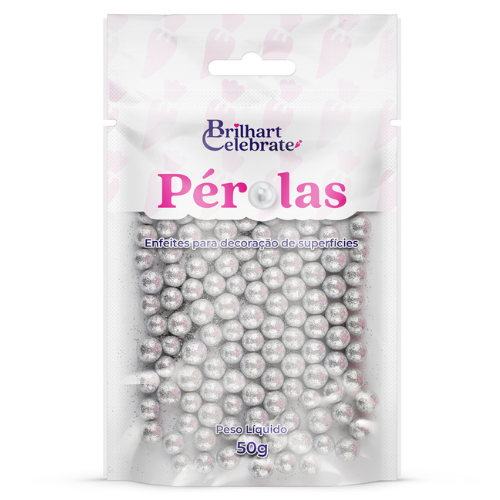 Confeito Pérolas Brilhart Celebrate Cor Prata Glitter - Embalagem com 50G