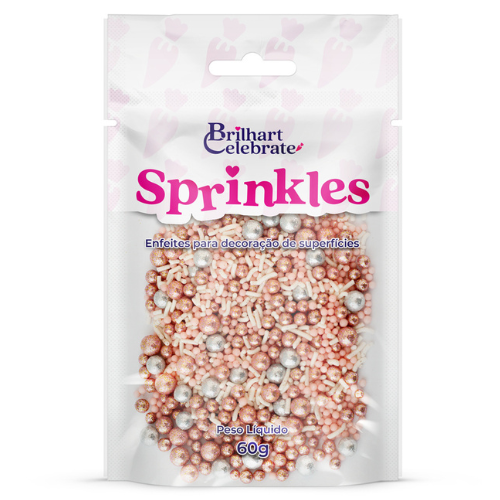Confeito Sprinkles Brilhart Celebrate Cor Rosé e Prata - Embalagem com 60G