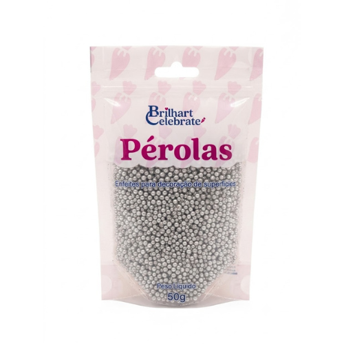 Confeito Pérolas Brilhart Celebrate Mini Cor Prata Glitter - Embalagem com 50G